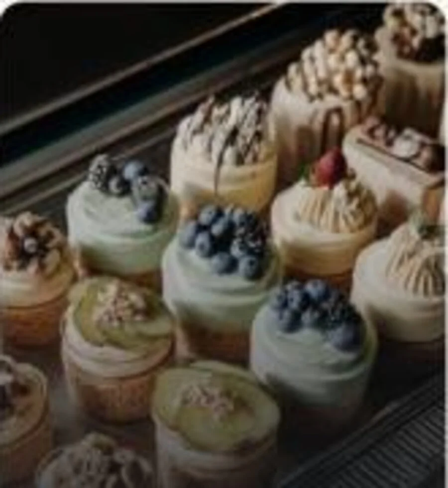 Assorted pastries in a bakery display